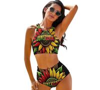 Lawenp Set Bikini da Donna a Due Pezzi con Stampa Girasole per Il Juneteenth, Mese della Storia afroamericana, Costume da Bagno a Vita Alta per Donna