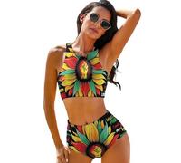 Lawenp Set Bikini da Donna a Due Pezzi con Stampa Girasole per Il Juneteenth, Mese della Storia afroamericana, Costume da Bagno a Vita Alta per Donna