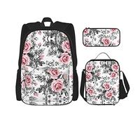 Lawenp Set di zaini per la scuola con rose floreali bianche di tre borse per il pranzo a croce Set di borse per matite per ragazzi e ragazze