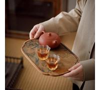 Lawnoval Vassoio da tè in noce con tappetino impermeabile in filato a nuvola, intagliato a mano, stile cinese, design vintage per cerimonia del tè a casa, color foglia di tè, 28 x 18 cm