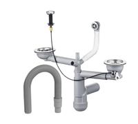 LAXARA Flexlok con comando eccentrico e uscita lavello Ø 114 mm valvola a cestello | scarico con manopola | sifone lavello salvaspazio | effetto acciaio inox | 2 vasche rotonde con tubo di scarico)