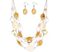 Layered Chunky Beaded Necklace for Women Colorful Multi-Layer Statement Necklace and Earrings Set Gift for Her(Camel white colorful)