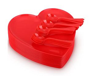 Layhit Il set di 38 piatti a forma di cuore per San Valentino include 18 vassoi per alimenti a forma di cuore da 25,4 cm, per San Valentino, 20 cucchiai in plastica, per insalata, dessert, forniture