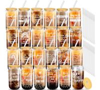 Layhit Set di 24 bicchieri di vetro di ringraziamento per dipendenti, dipendenti, collaboratori, dipendenti, ringraziamenti, bicchieri da birra a forma di lattina, con coperchio, cannucce e pennelli