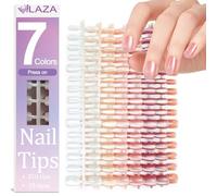 Laza 210pcs Cat Eye Press on Nails for Women 7 Colors Short Square Reusable Nail Tips in 15 Sizes Long Lasting Natural Fake Nails Stick on Artificial Acrylic False Nail Tips - Nude Series
