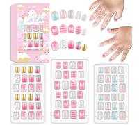 Laza 72pcs unghie per bambini premono su pre-colla copertura completa oro argento glitter rosa blu conchiglia stella cuore breve kit unghie finte per bambini adolescenti ragazze - stelle glitter