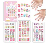 Laza Kit di 72 unghie finte per bambini, a pressione, copertura completa, rosa, giallo, blu, cuore, ciambella, nuvola, unicorno, corte, per bambini, adolescenti, ragazze, rosa arcobaleno