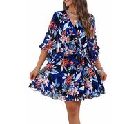 LAZIRO Abiti da Donna Primavera-Estate con Scollo A V E Manica Corta Svasata per Pendolari, Eleganti Abiti Stampati con Cravatta