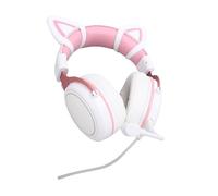 Lazmin112 Cuffie da Gioco Cablate, Driver Personalizzati da 50 Mm Microfono Pieghevole Illuminazione RGB Cancellazione del Rumore Sull'orecchio, con (Bianco rosa con decorazioni di orecchie di gatto)