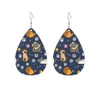 Lazy Cat Themed Pattern On Dark Blue Background Orecchini Pendenti A Goccia In Pelle Leggeri Orecchini Pendenti Moda Ciondolo Con Pendente A Goccia Per Matrimoni Accessori Appuntamenti
