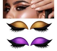 Lazy Eyeshadow Eyelash Patch, Reusable Makeup Sticker with Built-in Eyeliner, Glitter Eyeshadow & False Eyelashes (Yellow+Purple)