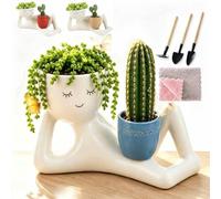 Lazy Guy Funny Plant Pots,Cute Succulent,Small Ceramic Pots With Drainage,Resin Lying Down Face Succulent Cactus Pot,Easy Maintenance Plant Ornament,For Home Garden Decor. (Blue, standard)