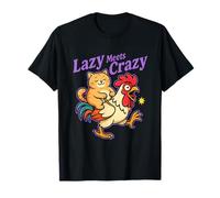 Lazy Meets Crazy Cat Equitazione Gallo Cartone Animato Fattoria Umorismo Maglietta