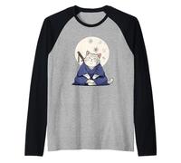 Lazy Samurai Cat Giappone Kimono Katana Cherry Blossom Art Maglia con Maniche Raglan