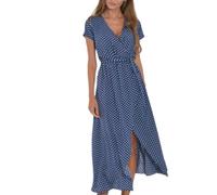 Lazz1on Vestito Estivo Donna Lungo Elegante Manica Corta Abiti Scollo a V Boho Maxi Abito Spiaggia