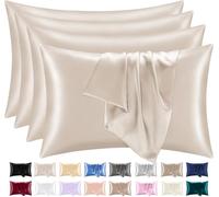 Lazzaro Home Feel the Difference - Set da 4 federe in raso di seta per capelli e pelle, 50 x 75 cm, con chiusura a busta (Beige, 4 federe)
