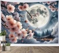 LB Arazzo da Parete Albero di fiori rosa Decorazioni Parete Paesaggio Notturno con Luna Pagoda Giapponese Arte Muraria per Soggiorno Camera da Letto Dormitorio,200x150cm