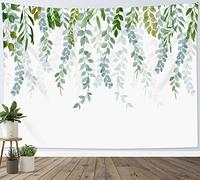 LB Arazzo Foglia verde Arazzo da Parete Acquerello primaverile foglie di eucalipto Telo da Parete Piante Bianco Arte Muraria per Soggiorno Camera da Letto Dormitorio Decorazione,150x100cm