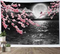 LB Arazzo Mar Nero Arazzo da Parete Farfalla sull'albero di fiori rosa Telo da Parete Scenario notturno della luna piena Arte Muraria per Soggiorno Camera da Letto Dormitorio Decorazione,150x100cm