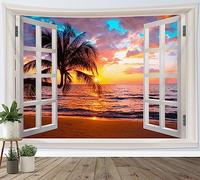 LB Arazzo Spiaggia tramonto Arazzo da Parete Palma riva al mare Telo da Parete Scenario isola tropicale costiera finestra Arte Muraria per Soggiorno Camera da Letto Dormitorio Decorazione,150x100cm