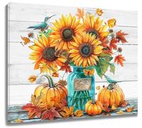 LB Arte Murale Zucca autunnale Poster Stampe Foglia d'acero di girasole giallo Arte Parete Tela Rustico Fattoria Uccello Decorazione Murale per Bagno Camera Soggiorno,40x30cm Senza Cornice