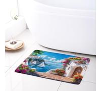 LB Costiera greca Tappetino da Bagno Casa Giardino Fiorito Zerbino 60x40cm Estate Paesaggio Blu Mare Morbido Assorbente Lavabile Tappetino per Camera da Letto Bagno Interno