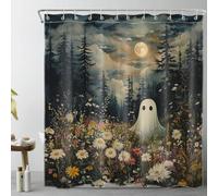 LB Halloween Tenda Doccia 240x175cm simpatico fantasma in fiore Tende da Bagno con Ganci,Alberi neri nella foresta spettrale Extra Largo Impermeabile Antimuffa Poliestere Casa Decorazione