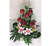 LBA Centro Fiori Artificiali per Cimitero Anche per Chiese Speciale Giorno di Tutti i Santi Misure: 65 x 50 x 40 cm circa. Vari modelli (Rose Rosse e Lilium Rosa Fucsia)