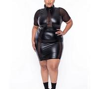 LBHT Abito Trasparente Sexy Oversize da Donna Maglia A Manica Corta E Giunzione in Pelle Bodycon Party Club Mini Vestito Clubwear (Color : Black, Size : 3XL)