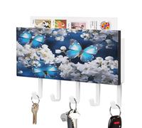 LBKHDS Portachiave da parete, con stampa di farfalle blu e fiori bianchi, supporto da parete, porta posta con ganci
