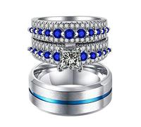 LBRTMED Anello nuziale KNBOB Set di anelli di coppia Silver Blue Cubic Zirconia Princess Forma Anello Donne Pie dimensioni P 1/2 e Uomini Size V 1/2