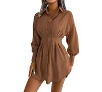 LCDIUDIU Abito A Tunica Elegante da Donna, Bianco con Revers E Bottoni, Maniche Lunghe A Lanterna, Abito Aderente Estivo Slim Fit Sexy Mini Abito per Feste Casual, Club, Spiaggia, Vacanze Marrone M