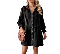 LCDIUDIU Abito Camicia Casual da Donna in Denim, Maniche Lunghe, Polsini A Volant, Colletto Risvoltato, Abbottonatura Frontale, Mini Abito Estivo dalla vestibilità Ampia, Jeans Lavati, Abito per