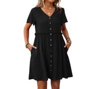 LCDIUDIU Abito Camicia da Donna con Scollo A V E Bottoni, Verde, Maniche Corte, Vita con Volant, Mini Abito Plissettato con Tasche, Abito Estivo Casual Ampio Ed Elegante per Tutti I Giorni, Sp