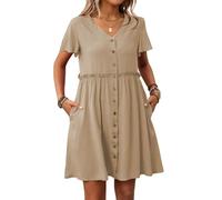 LCDIUDIU Abito Camicia da Donna con Scollo A V E Bottoni, Verde, Maniche Corte, Vita con Volant, Mini Abito Plissettato con Tasche, Abito Estivo Casual Ampio Ed Elegante per Tutti I Giorni, Sp