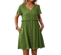LCDIUDIU Abito Camicia da Donna con Scollo A V E Bottoni, Verde, Maniche Corte, Vita con Volant, Mini Abito Plissettato con Tasche, Abito Estivo Casual Ampio Ed Elegante per Tutti I Giorni, Sp
