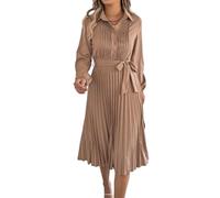 LCDIUDIU Abito Camicia Elegante da Donna con Pieghe, Abito Midi A Trapezio con Bottoni E Cintura in Vita, Tinta Unita, Tunica A Maniche Lunghe per Tutti I Giorni, Lavoro, Ufficio, Matrimonio, Invita