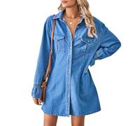 LCDIUDIU Abito Camicia in Denim A Maniche Lunghe da Donna, Mini Abito Ampio con Bottoni E Tasche, Abito Corto Estivo Casual in Jeans Lavati per Il Lavoro Quotidiano, La Spiaggia E Le Vacanze, Blu L