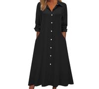 LCDIUDIU Abito Camicia Lungo Casual da Donna con Bottoni, Tinta Unita, Maniche Lunghe, Colletto, Abito con Tasche, Abito Estivo Ampio Ed Elegante per Il Lavoro Quotidiano, La Spiaggia, Le Vacanze, N