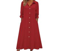 LCDIUDIU Abito Camicia Lungo Casual da Donna con Bottoni, Tinta Unita, Maniche Lunghe con Revers, Abito Estivo Ampio Ed Elegante per Il Lavoro Quotidiano, La Spiaggia, Le Vacanze, Rosso Scuro XL