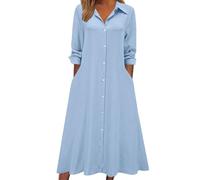 LCDIUDIU Abito Camicia Lungo Casual da Donna con Bottoni, Tinta Unita, Maniche Lunghe con Revers, Abito Estivo Ampio Ed Elegante per Tutti I Giorni, Lavoro, Spiaggia, Vacanze, Blu, Taglia XL