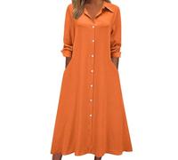 LCDIUDIU Abito Camicia Lungo Casual da Donna con Bottoni, Tinta Unita, Maniche Lunghe con Revers, Abito Estivo Ampio Ed Elegante per Il Lavoro Quotidiano, La Spiaggia, Le Vacanze, Arancione XXL