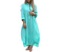 LCDIUDIU Abito Camicia Lungo Casual da Donna, Tinta Unita Cotone E Lino, Maniche Lunghe Arrotolabili, Bottoni, con Tasche, vestibilità Ampia, Abito Elegante Estivo per Tutti I Giorni, Spiaggia, Va