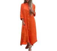 LCDIUDIU Abito Camicia Lungo Casual da Donna, Tinta Unita Cotone E Lino, Maniche Lunghe Arrotolabili, Bottoni, con Tasche, vestibilità Ampia, Abito Elegante Estivo per Tutti I Giorni, Spiaggia, Va