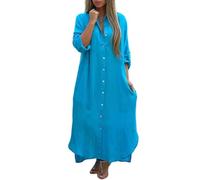 LCDIUDIU Abito Camicia Lungo Casual da Donna, Tinta Unita Cotone E Lino, Maniche Lunghe Arrotolabili, Bottoni, Abito Estivo dalla vestibilità Ampia Ed Elegante per Tutti I Giorni, Vacanza al Mare,