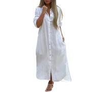 LCDIUDIU Abito Camicia Lungo Casual da Donna, Tinta Unita Cotone E Lino, Maniche Lunghe Arrotolabili, Bottoni, con Tasche, Abito Estivo dalla vestibilità Ampia Ed Elegante per Tutti I Giorni, Vaca