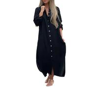 LCDIUDIU Abito Camicia Lungo Casual da Donna, Tinta Unita Cotone E Lino, Maniche Lunghe Arrotolate, Bottoni, Abito Estivo dalla vestibilità Ampia Ed Elegante per Tutti I Giorni, Vacanza al Mare, N