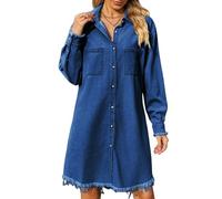 LCDIUDIU Abito Camicia Midi Casual da Donna in Denim, Abito A Maniche Lunghe con Bottoni Risvoltati E Orlo Sfrangiato con Tasche, vestibilità Ampia Estiva, Jeans Lavati, Abito al Ginocchio per Il L