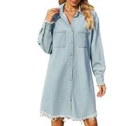 LCDIUDIU Abito Camicia Midi Casual da Donna in Denim, Abito A Maniche Lunghe con Bottoni Risvoltati E Orlo Sfrangiato con Tasche, vestibilità Ampia Estiva, Jeans Lavati, Abito al Ginocchio per Il L