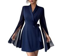 LCDIUDIU Abito Corto da Donna con Blazer A Portafoglio E Scollo A V, Blu Navy, in Chiffon Trasparente, con Maniche A Campana E Cintura, Elegante Abito Formale per Lavoro, Ufficio, Affari, Casual, PE